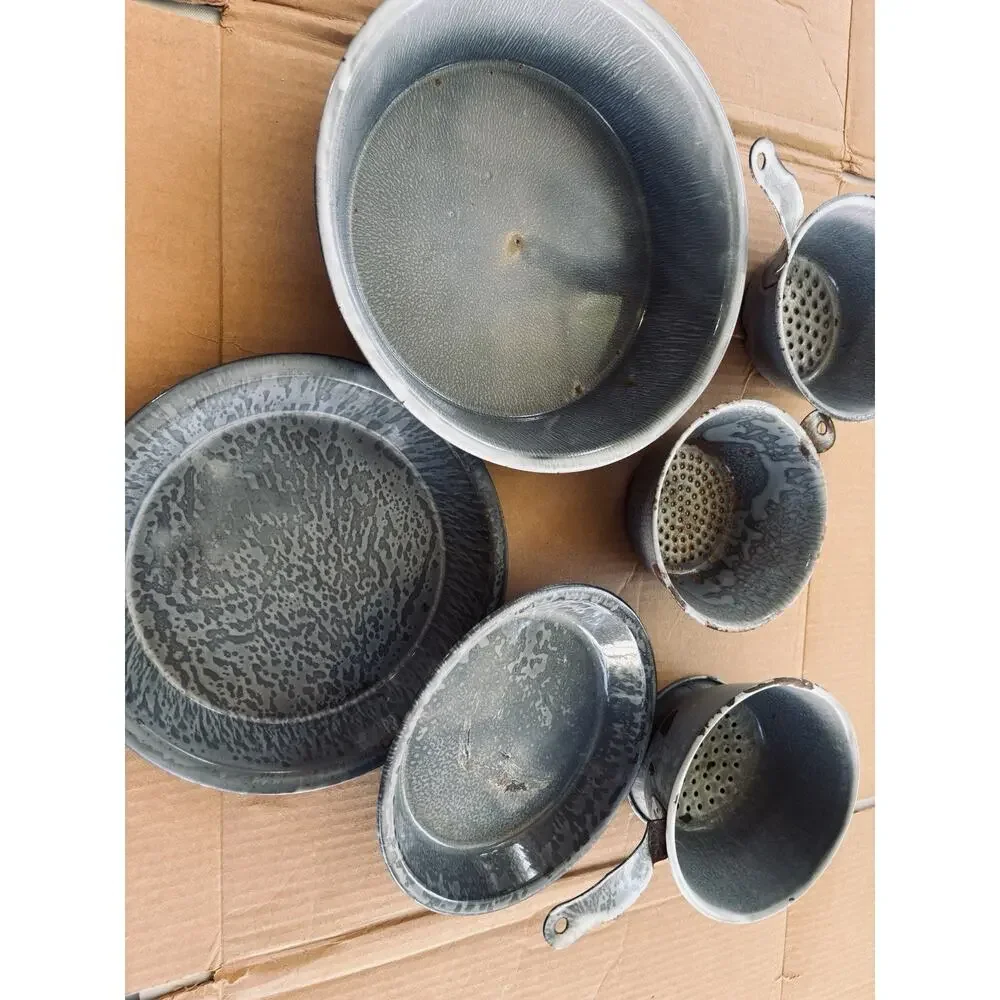 Vintage Gray Swirl Speckled Graniteware Enamelware Pie Pans Colanders Lot 6